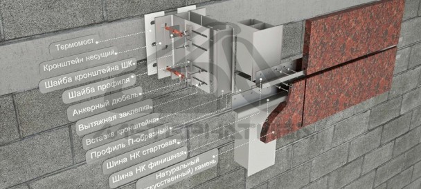 Алюминиевая усиленная навесная фасадная система АЛЬТ-ФАСАД А/НК на П-профиле для крепления камня